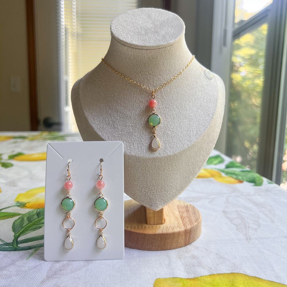 Crystal Hoop Jewelry Set, Pink White Jade Mint Chalcedony Casual Colorful Set